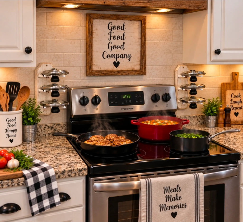 Three tier cooking lid holder that holds cooking lids upside down to prevent spillage of condensation on your counters and also frees up counterspace for meal prep. Very handy to have one on each side of your stove. They hold all shapes and sizes of lids, platters & cookie sheets. They can also be mounted inside cabinets to organize your cooking lids. (White option show)