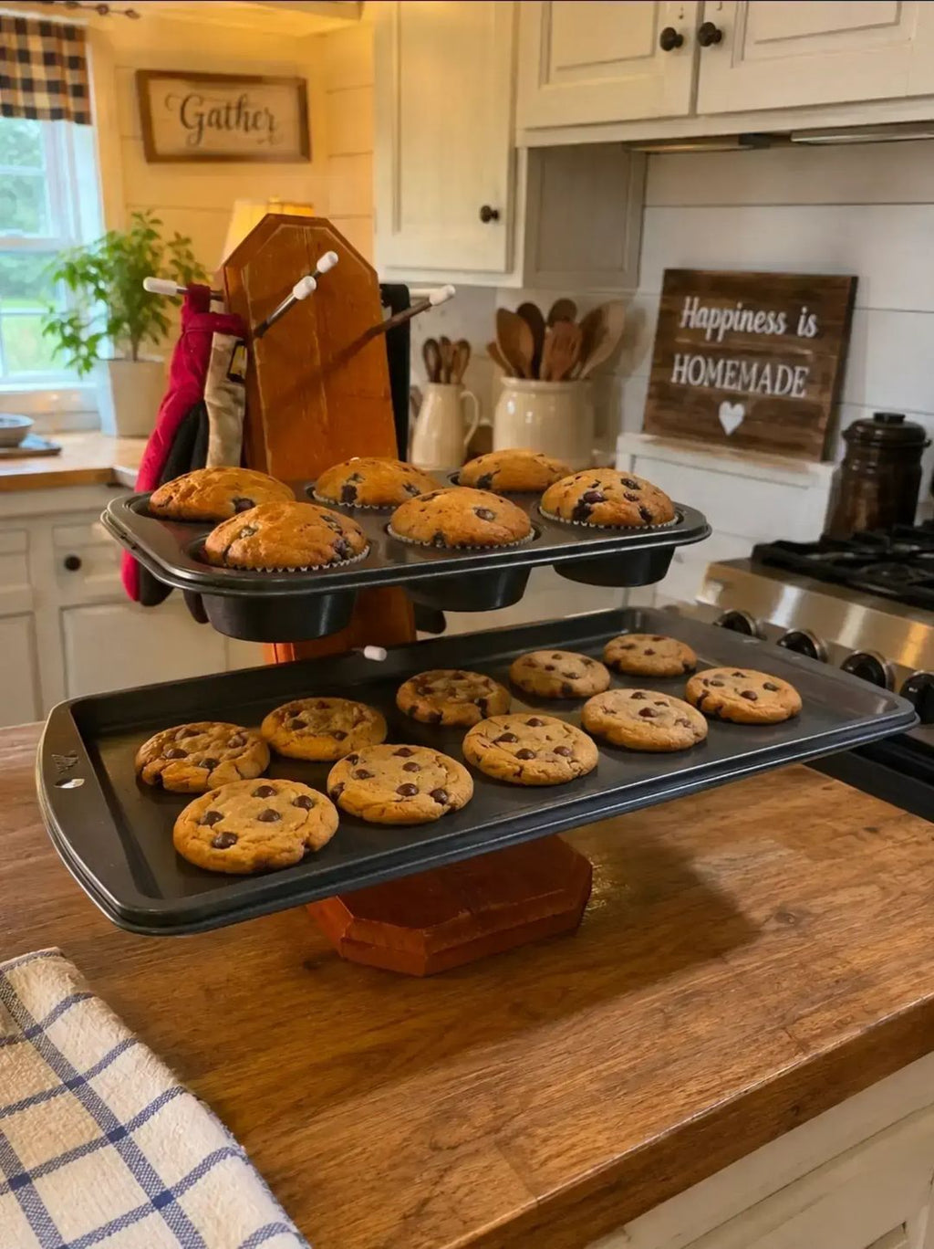 
Three-tier handmade wooden cooking lid holder that also hold baking pans, cooling racks, muffin pans and platters. The angle allows it to hold a lot of weight without tipping. You can also hang pot holders and utensils on the side pegs.