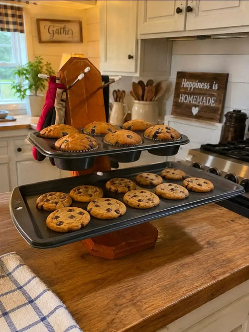 
Three-tier handmade wooden cooking lid holder that also hold baking pans, cooling racks, muffin pans and platters. The angle allows it to hold a lot of weight without tipping. You can also hang pot holders and utensils on the side pegs.