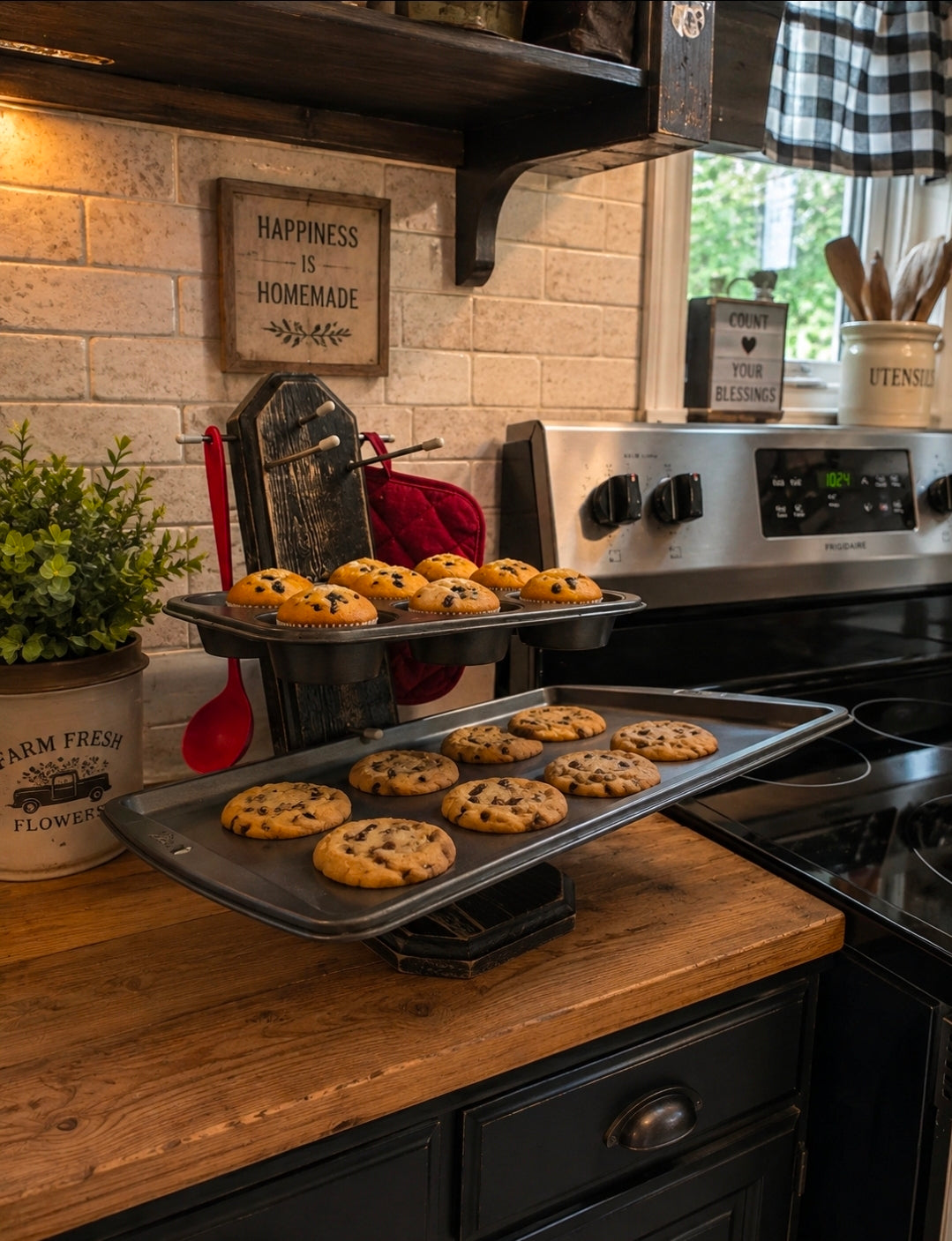 Three-tier handmade wooden cooking lid holder that also hold baking pans, cooling racks, muffin pans and platters. The angle allows it to hold a lot of weight without tipping. You can also hang pot holders and utensils on the side pegs. Also amazing for grilling, camping, or saving space in RVs and picnic tables. (Black color shown)