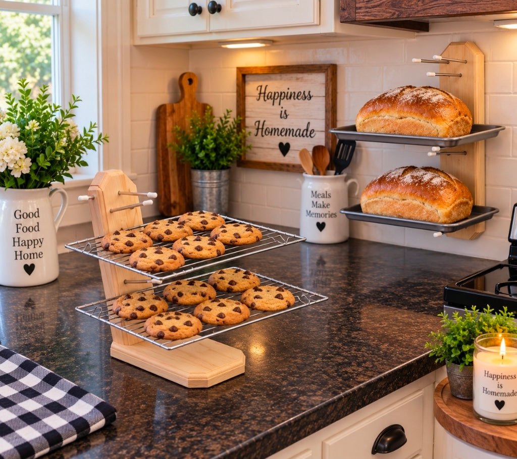 Three-tier handmade wooden cooking lid holder that also hold baking pans, cooling racks, muffin pans and platters. The angle allows it to hold a lot of weight without tipping. You can also hang pot holders and utensils on the side pegs. This pictures also shows the matching wall mountable unit sold separately. (Natural Wood color shown)