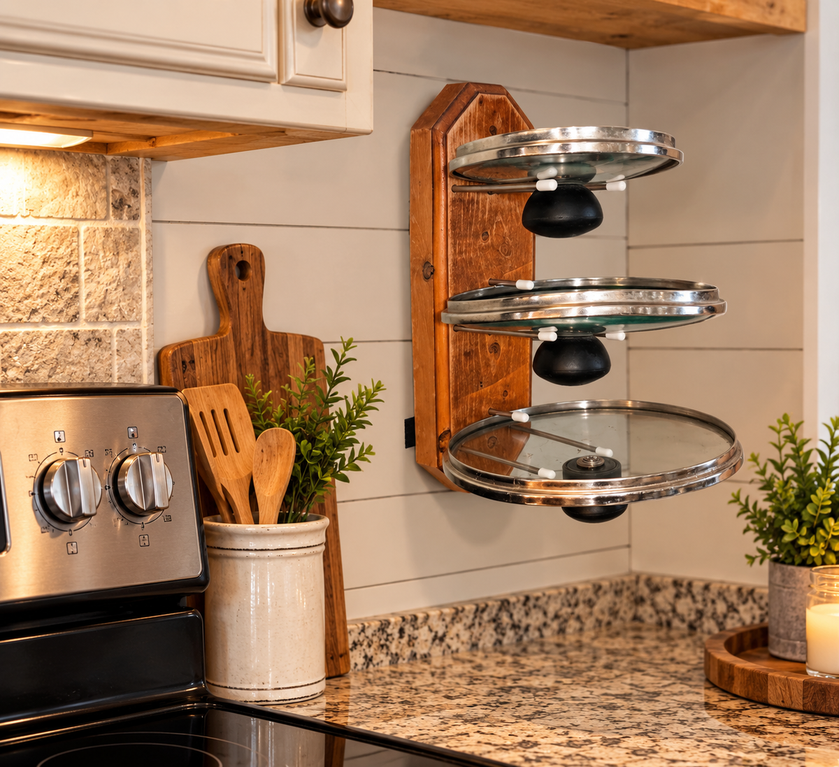Three tier cooking lid holder that holds cooking lids upside down to prevent spillage of condensation on your counters and also frees up counterspace for meal prep. Very handy to have one on each side of your stove. They hold all shapes and sizes of lids, platters & cookie sheets. They can also be mounted inside cabinets to organize your cooking lids. (Western Brown option shown here)