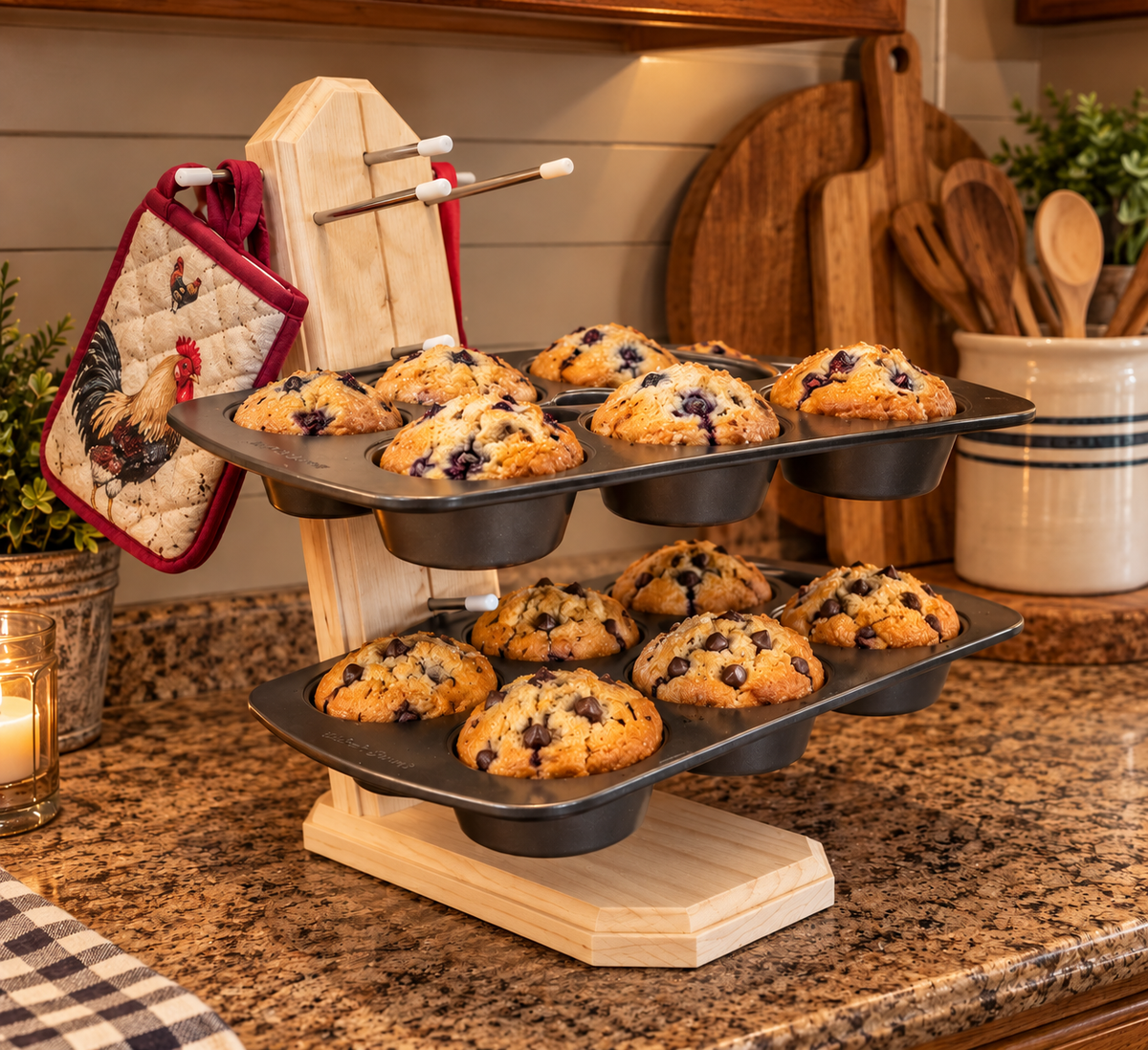 Three-tier handmade wooden cooking lid holder that also hold baking pans, cooling racks, muffin pans and platters. The angle allows it to hold a lot of weight without tipping. You can also hang pot holders and utensils on the side pegs. Also amazing for grilling, camping, or savin (g space in RVs and picnic tables. Natural Wood option shown here)