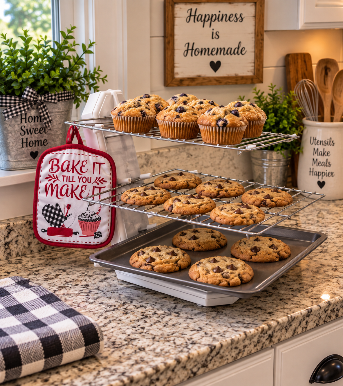 Three-tier handmade wooden cooking lid holder that also hold baking pans, cooling racks, muffin pans and platters. The angle allows it to hold a lot of weight without tipping. You can also hang pot holders and utensils on the side pegs.