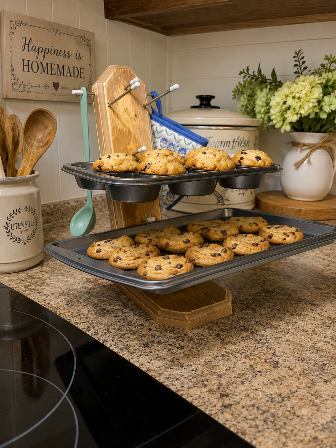 Three-tier handmade wooden cooking lid holder that also hold baking pans, cooling racks, muffin pans and platters. The angle allows it to hold a lot of weight without tipping. You can also hang pot holders and utensils on the side pegs. Also amazing for grilling, camping, or saving space in RVs and picnic tables.  (Cocoa Whip option shown) kind of gray/hot chocolate color