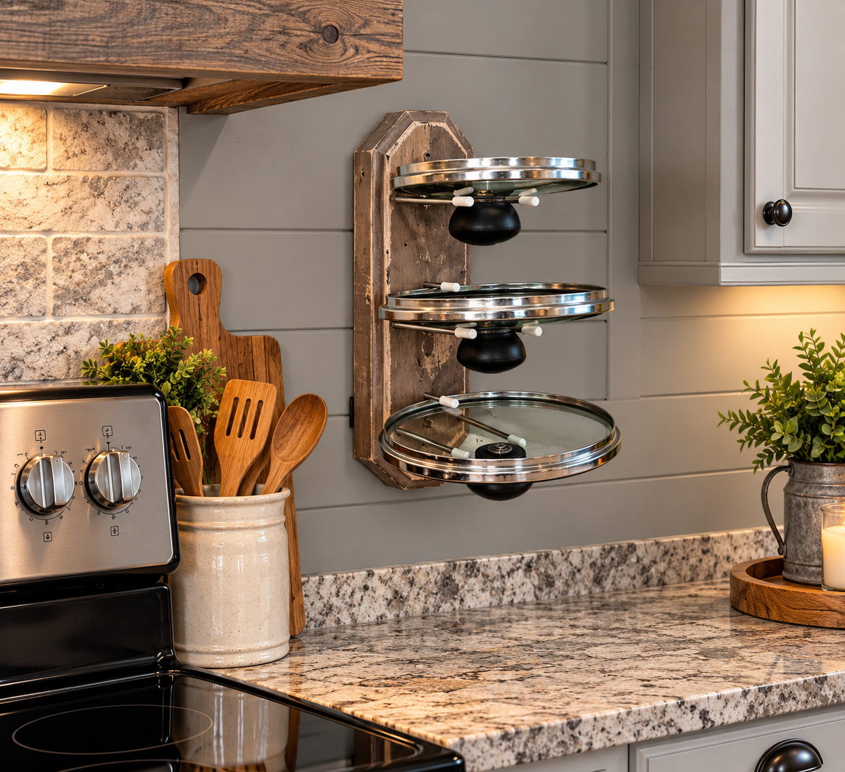 Three tier cooking lid holder that holds cooking lids upside down to prevent spillage of condensation on your counters and also frees up counterspace for meal prep. Very handy to have one on each side of your stove. They hold all shapes and sizes of lids, platters & cookie sheets. They can also be mounted inside cabinets to organize your cooking lids. (Cocoa Whip option shown here)