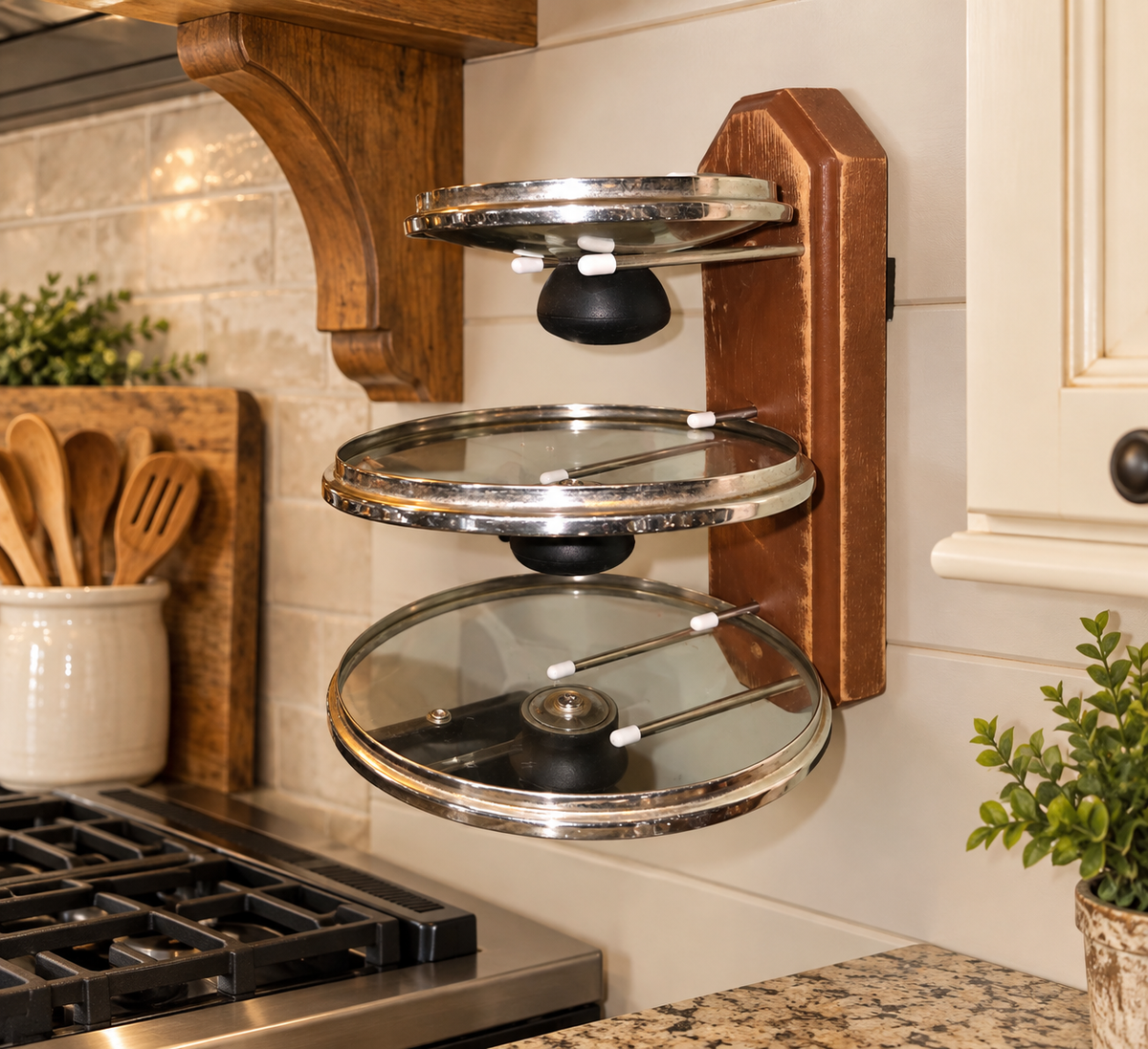 Three tier cooking lid holder that holds cooking lids upside down to prevent spillage of condensation on your counters and also frees up counterspace for meal prep. Very handy to have one on each side of your stove. They hold all shapes and sizes of lids, platters & cookie sheets. They can also be mounted inside cabinets to organize your cooking lids. (Brown option shown here)