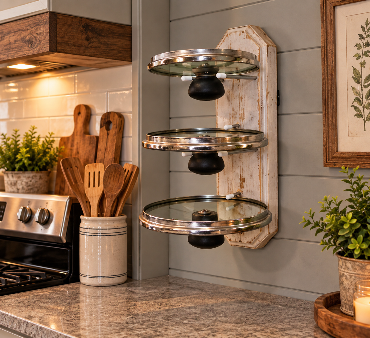 Three tier cooking lid holder that holds cooking lids upside down to prevent spillage of condensation on your counters and also frees up counterspace for meal prep. Very handy to have one on each side of your stove. They hold all shapes and sizes of lids, platters & cookie sheets. They can also be mounted inside cabinets to organize your cooking lids. (White option shown here)